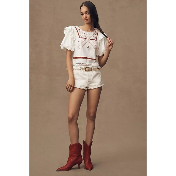 By Anthropologie Puff-Sleeve Cutwork Blouse Top Embroidered Cotton M NWD 280426 - Picture 1 of 11